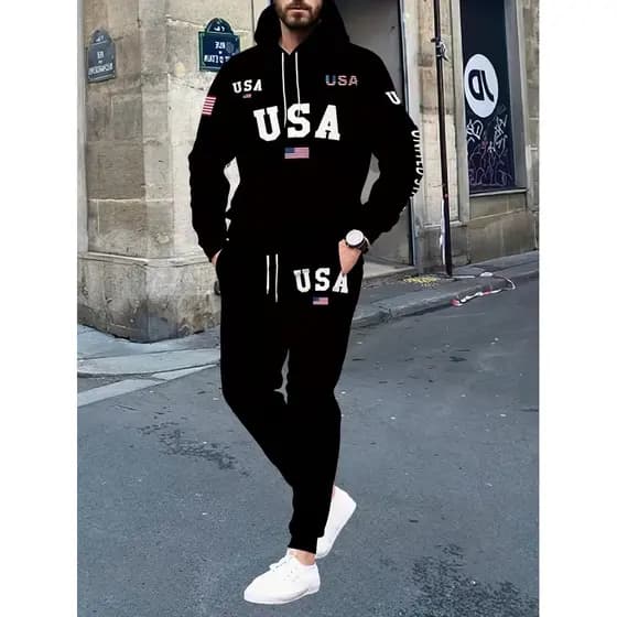 Conjunto Moletom Canguru Masculino Estados Unidos Blusa De Frio + Calça Moletom Estampados Unissex Outono/Inverno