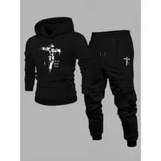 Conjunto Moletom Canguru Masculino Cruz Jesus Blusa De Frio + Calça Moletom Estampados Unissex Outono/Inverno
