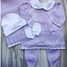 Saida maternidade conjunto trico  bebê menina personalizada 5 peças rosa e lilas