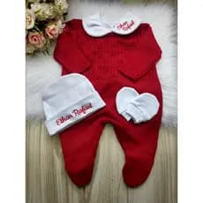 kit 4 peças saída maternidade Macacão tricô + Body personalizado + touca com nome do bebê  luvas menino menina