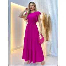 Vestido Longo Feminina Tecido Duna Manga Com Babado