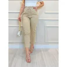 Calça Feminina de sarja com botao de elatalhes com bolso de cordoao