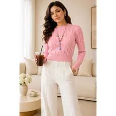 Blusa Fenino modal Cropped manga com botõe Tricot trico outono