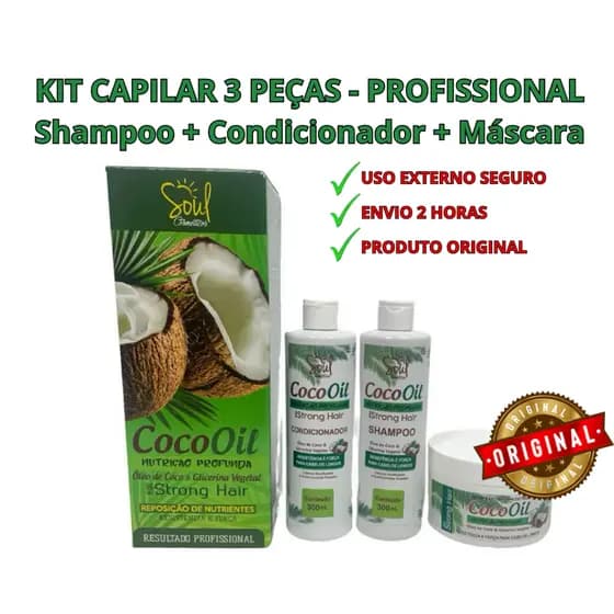 (3 Produtos) Capilar Óleo de Coco Shampoo+Condicionador+Mascara