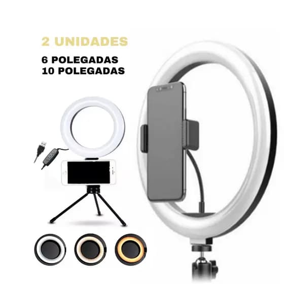 Iluminador Ring Ligth 10 Polegadas Ideal Para Gravar Videos Fotos Youtuber + Ring de Mesa 6 Polegadas