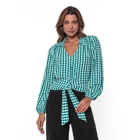 Camisa Manga Longa com Amarração Viscolinho Estampada com Elástico