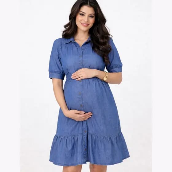 Vestido Jeans Curto Gestante Lactante Botões Amamentação Maternidade Confortável