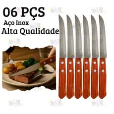 Kit 6 Faca de Cozinha Aço Inox Cabo Madeira Serrilhada Cozinha Comida Talher