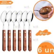 Kit 6 Colher de Cozinha Aço Inox Cabo Madeira Serrilhada Cozinha Comida Talher
