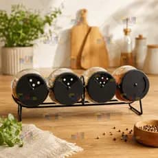 Kit 4 Porta Temperos Horizontal COM SUPORTE PRETO 100ml Bancada Cozinha Organizador Temperos Vidro