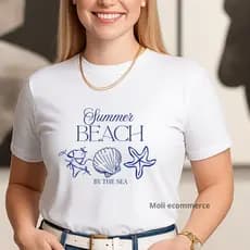 T-shirt Feminina Manga Curta Gola Redonda Algodão Roupa Feminina "summer beach"