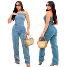 Macacão Jeans Feminino Longo Calça Com Lycra Elastano Jardineira Premium Tomara Que Caia