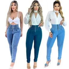 Calça Jeans Feminina Lipo Modeladora Cós Alto Com Brilho Empina Bumbum Strech Chapa Barriga Flare