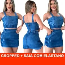 Conjunto Jeans Feminino Cropped e Saia Com Elastano Lycra Strech Moda Blogueira