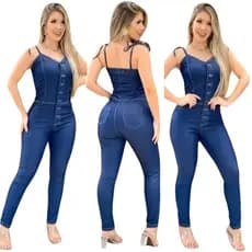 Macacão Jeans Feminino Longo Calça Com Lycra Elastano Jardineira Premium Macaquinho Alça Fina Com Botão Alça Regulável