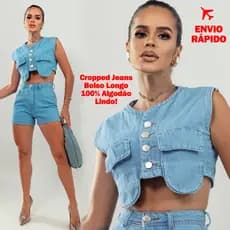 Cropped Jeans Feminino Botão Bolso Longo Moda Blogueira Top 100% Algodão Jaqueta Lavagem Clara