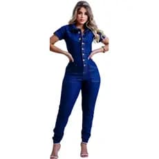Macacão Jeans Feminino Longo Calça Com Lycra Elastano Jardineira Macaquito Manga Curta Com Botão