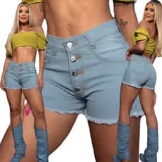 Shorts Feminino Jeans Curto com Lycra Cintura Alta Empina Bumbum Claro Elastano Bermuda Com Botão