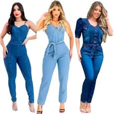 Macacão Jeans Feminino Longo Calça Com Lycra Elastano Jardineira Premium
