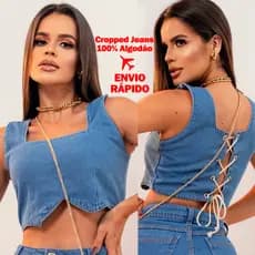 Cropped Jeans Feminino Cordão Amarra Atrás Moda Blogueira Top 100% Algodão Jaqueta Lavagem Clara