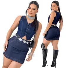 Conjunto Jeans Feminino Cropped Com Botões e Saia Com Elastano Moda Blogueira