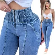 Calça Jeans Lipo Feminina Cintura Alta Modeladora Strech Com Elástico na Cintura Empina Bumbum