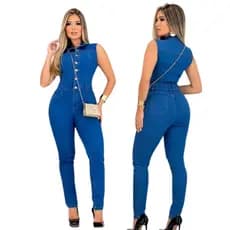 Macacão Jeans Feminino Longo Calça Com Elastano Jardineira Macaquito Com Botão