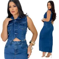 Conjunto Jeans Colete Com Botão Saia Midi Com Fenda