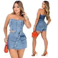 Conjunto Jeans Feminino Cropped e Shorts Saia Com Elastano Moda Blogueira