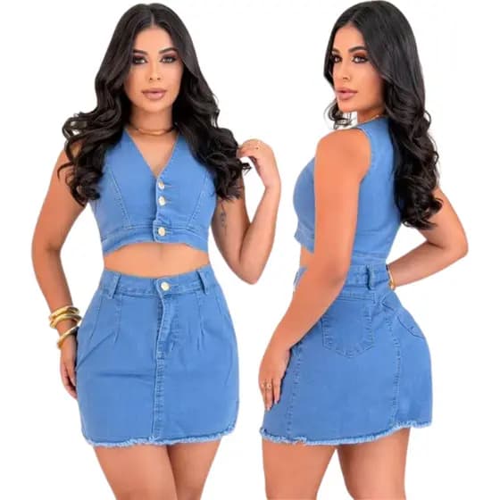 Conjunto Jeans Feminino Cropped Colete e Saia Com Elastano
