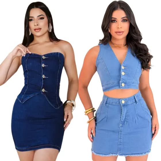 Conjunto Jeans Feminino Cropped Tomara Que Caia e Saia Com Elastano