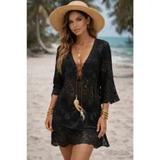 Saida Praia feminina Elegante Chemise Moda Verao  Praia Chic chique Boho Elegante Vestido Renda Bata