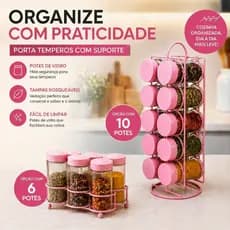 Porta Tempero Vidro com 6 ou 10 Potes com Suporte para Cozinha Rosa Decoração Porta Condimentos