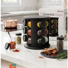 Porta Temperos Giratório Moderno 9 Peças Vidro Preto - Elegância Cozinha