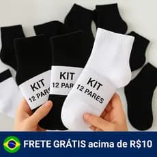 Kit 12 pares de meia cano meio preta e branca