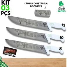 Kit 3 Faca Profissional Açougueiro Churrasqueiro N 8" 10 12" Polegadas em Aço Inox Premium