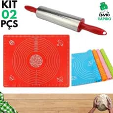 Kit 2 PeçasTapete Culinária De Silicone Antiaderente de Abrir Massas + Rolo De Massa Giratório Inox