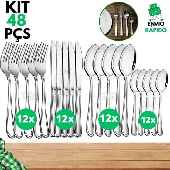 Kit de Talheres 48 Peças Faqueiro em Aço Inox 12 Garfos 12 Colheres 12 Facas 12 Colheres Sobremesa