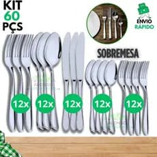 Kit 60/30 Talheres Faqueiro de Mesa  Aço Inox 12 Garfos 12 Colheres 12 Facas 12 Colheres Sobremesa 12 Garfos Sobremesa