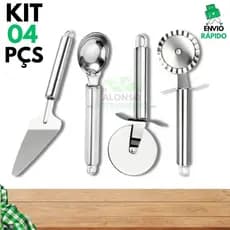 Kit 4 Cortador de Pizza Carretilha de Massa Colher de Sorvete e Espátula de Bolo em Aço Inox