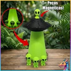 Luminária Alienígena OVNI UFO Nave espacial com 3 Aliens de brinde – Luz Verde Neon