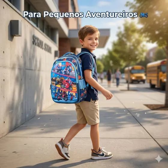 Mochila Infantil Moto Corrida Menino Escolar Resistente Impermeável Confortável 4 a 9 Anos
