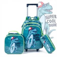 Kit Mochila Rodinha Menino Dinossauro Impermeável Lancheira Térmica Estojo Escolar Grande