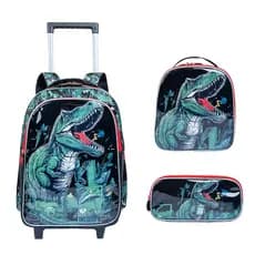 Mochila Infantil com Rodinha Kit Escolar Completo Lancheira Térmica Estojo Duplo Impermeável Dino