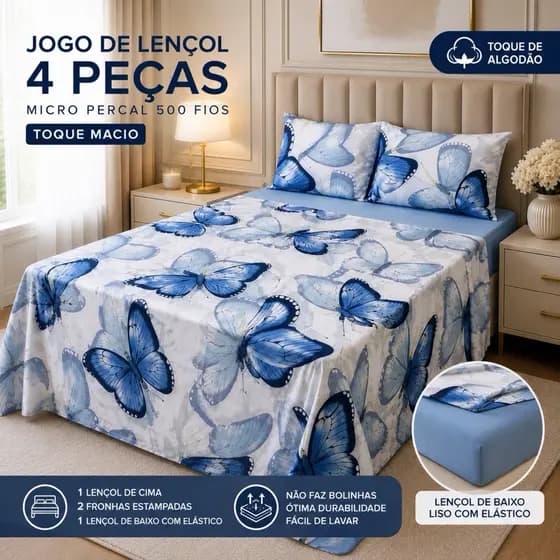 Jogo de Lençol 3 e 4 Peças Micro Percal 500 Fios Toque de Algodão Solteiro Casal Queen