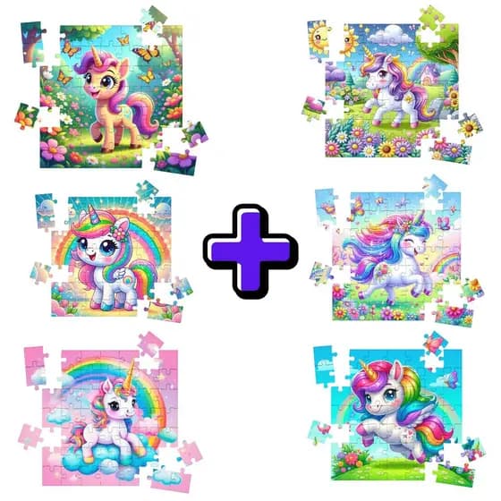 Kit 6 Quebra-cabeças Mdf Jogo Infantil Unicórnio Desenho - 16 Peças Cada Vários Modeos