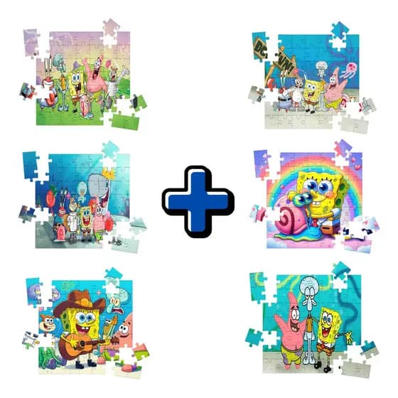 Kit 6 Quebra-cabeças Mdf Jogo Infantil Bob Esponja 16 Peças Vários Modelos