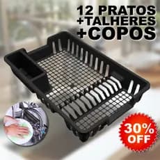 Escorredor de Louças 12 Pratos Plástico Preto Escorredor Lousa Copos Talheres
