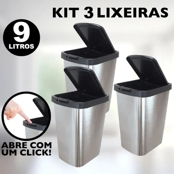Kit 3 Lixeiras Cesto de Lixo 9 Litros Com Tampa Click Para Banheiro e Cozinha - Plástico Metalizado (Inox)