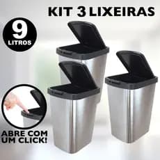 Kit 3 Lixeiras Cesto de Lixo 9 Litros Com Tampa Click Para Banheiro e Cozinha - Plástico Metalizado (Inox)